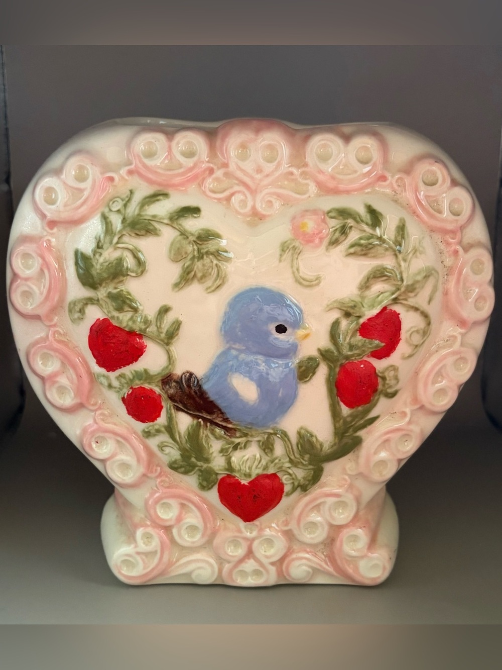 Source Unknown Heart-Shaped Ceramic Vase/Planter with Blue Bird and Pink Trim